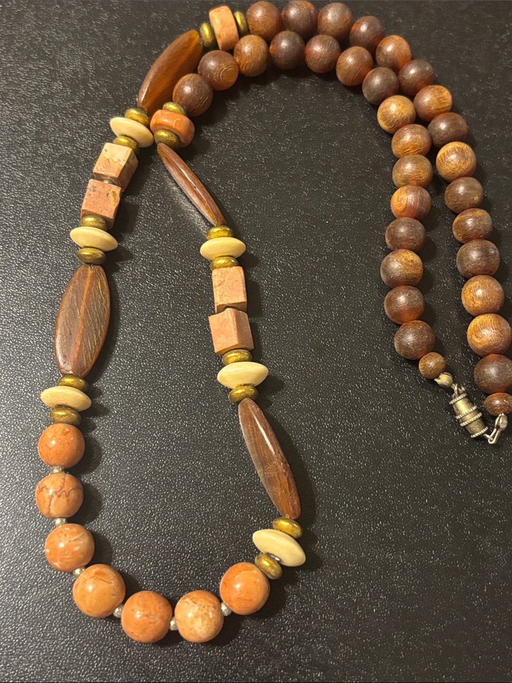 Vintage Multi Material Pink Brown & Tan Earth tone Beaded Necklace